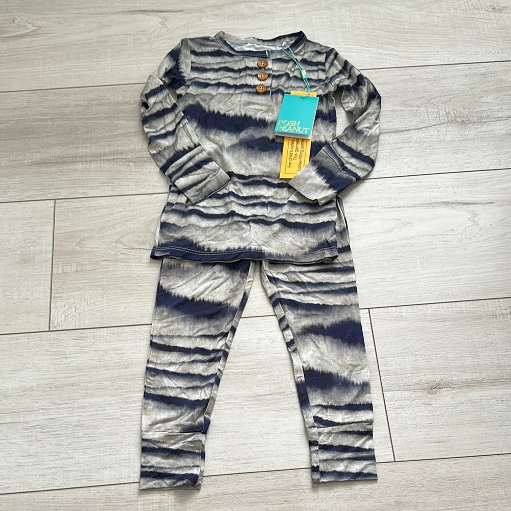 NWT Posh Peanut Bamboo 
Rowan Print Blue and Gray Watercolor Striped Pajamas